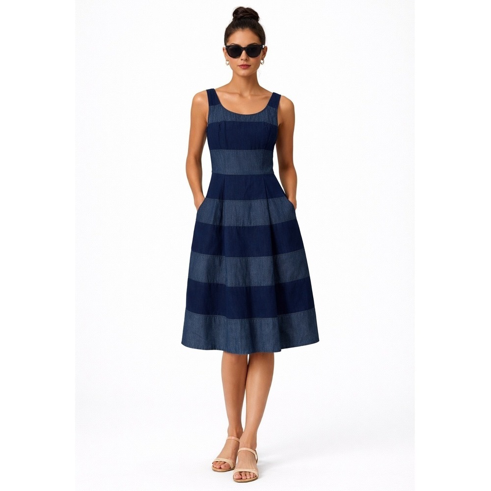 eShakti Blue Denim Patchwork Pockets Midi Dress S 6 Sleeveless 100% Cotton
